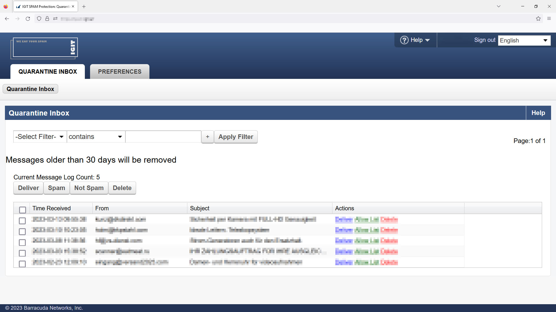 Webinterface der IGIT Spam Firewall von Barracuda